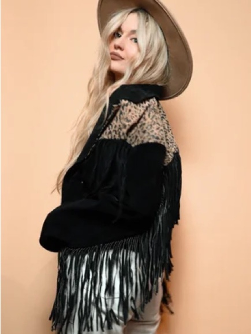 Fringe Suede Western Jacket with Leopard - Black Print